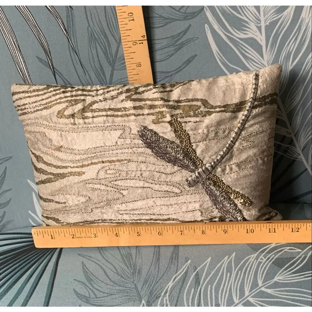 MICHAEL ARAM gray BEADED artsy DRAGON FLY 8” x 10” DECORATIVE PILLOW